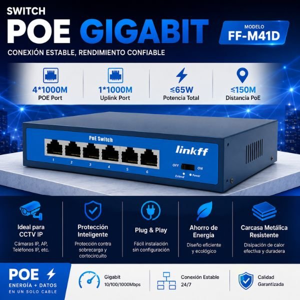SWITCH POE 4P-1GBPS 65W + 1P-1GBPS 30W CAMARAS